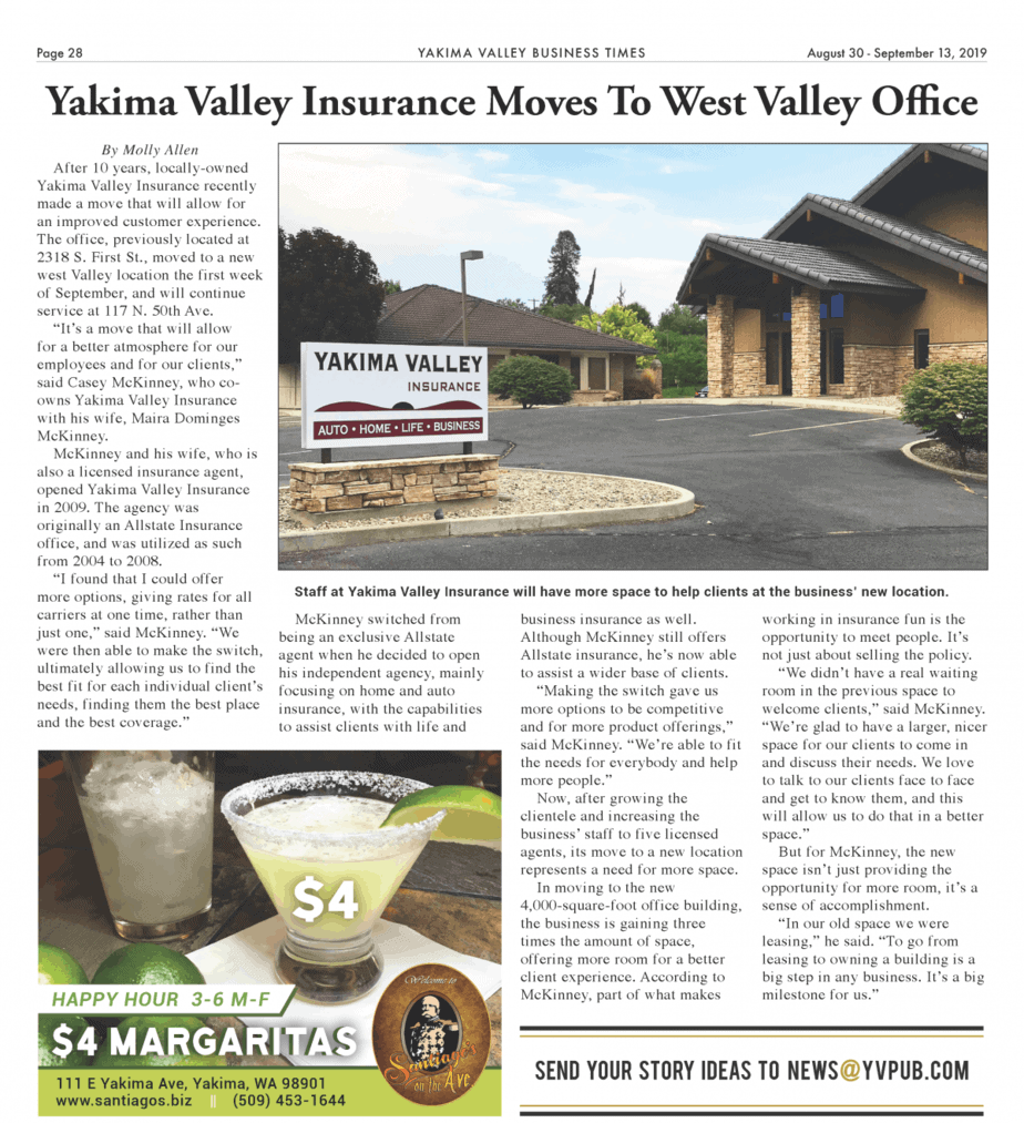Yakima Valley Insurance Moves to West Valley Office Yakima Valley